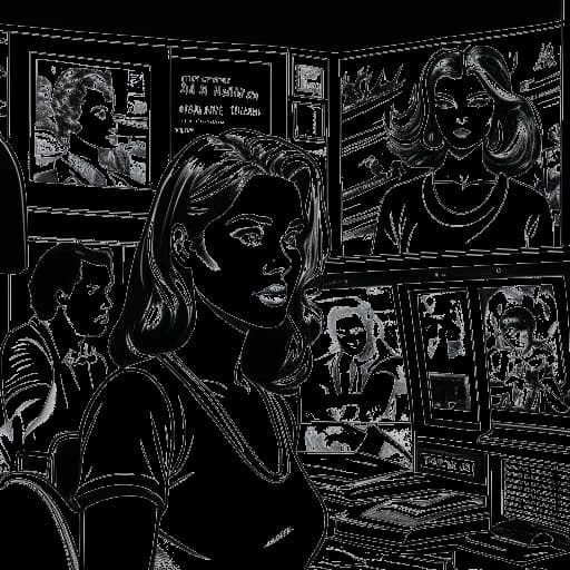Dessin en ligne d'une jeune femme jouant sur un plateau de tournage représentant la filmographie de Bella Thorne