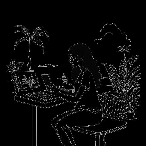 Dessin en traits d'une personne, représentant Jynxzi en tant que 'Junko', à un bureau avec un smartphone affichant TikTok, avec une décoration subtile inspirée de la Floride, illustrant sa création de contenu unique, sur un fond blanc.