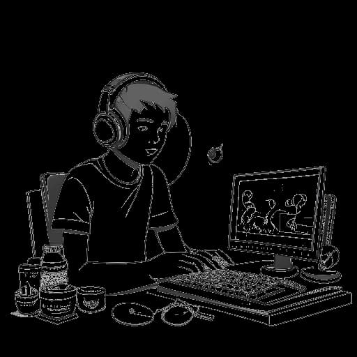 Desenho de uma linha de um homem representando Jynxzi, com fones de ouvido, focado em uma tela de jogo, cercado por cifrões e pilhas de mercadorias, sugerindo fontes de renda, tudo em um fundo branco.