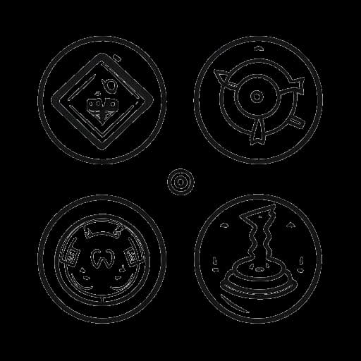 Desenho em arte linear de quatro ícones representando gameplay, reações, comentários e torneios, representando o conteúdo de Jynxzi.