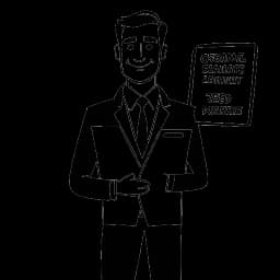 Strichzeichnung eines Mannes, der Tom Beck darstellt, im Geschäftsanzug, der ein Firmenschild vor einem Hintergrund verschiedener Social-Media-Symbole hält.