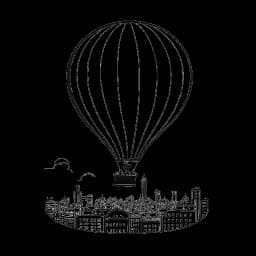 Strichzeichnung eines Mannes, der Tom Beck darstellt, während er in einem Heißluftballon über einer Stadtlandschaft fährt.