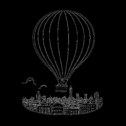 Strichzeichnung eines Mannes, der Tom Beck darstellt, während er in einem Heißluftballon über einer Stadtlandschaft fährt.