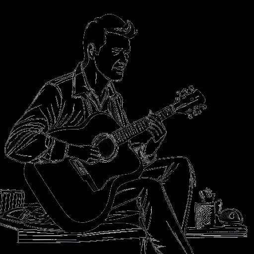 Monochromatische Linienkunst, die einen Mann darstellt, der Tom Beck verkörpert, eine Gitarre haltend, mit einem Hintergrundplakat einer Fernsehserie und einem Füllfederhalter, der seine Schauspielrollen symbolisiert, alles auf einer weißen Leinwand.