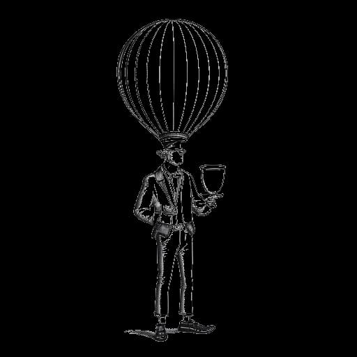 Strichzeichnung eines Mannes, der Tom Beck darstellt, der einen Pokal hält und neben einem Heißluftballon steht.