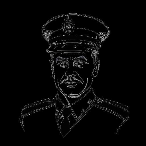 Strichzeichnung eines Mannes, der Tom Beck darstellt, der eine Polizeiuniform trägt, mit einem Abzeichen, auf dem 'Hauptkommissar Ben Jäger' steht.