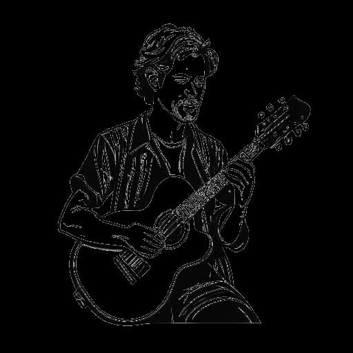 Strichzeichnung eines Mannes, der Tom Beck darstellt, der ein Instrument spielt, mit den Logos von zwei Bands im Hintergrund.