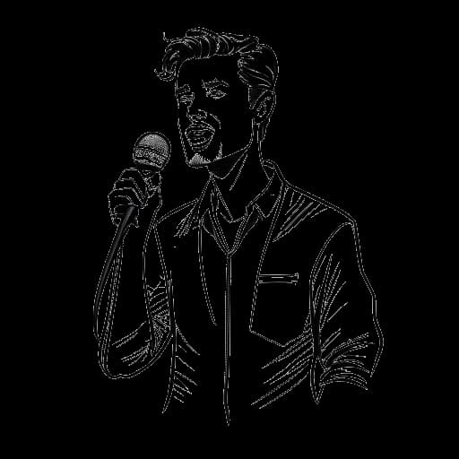 Strichzeichnung eines Mannes, der Tom Beck darstellt, der ein Mikrofon hält, mit einer Chart, in der 'Sexy' in den Top 50 steht.