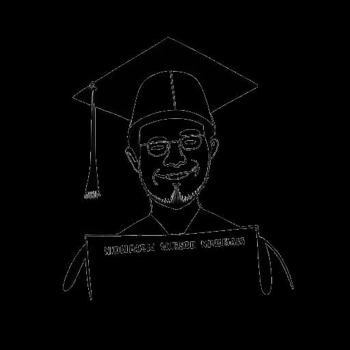 Strichzeichnung eines Mannes, der Tom Beck darstellt, der eine Abschlusskappe trägt und ein Diplom mit 'Neues Gymnasium Nürnberg 1998' in der Hand hält.