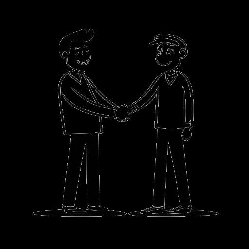 Strichzeichnung eines Mannes, der Tom Beck darstellt, der mit einem Geschäftspartner Hände schüttelt, im Hintergrund das Logo von 'Check One Two Perfect GmbH'.