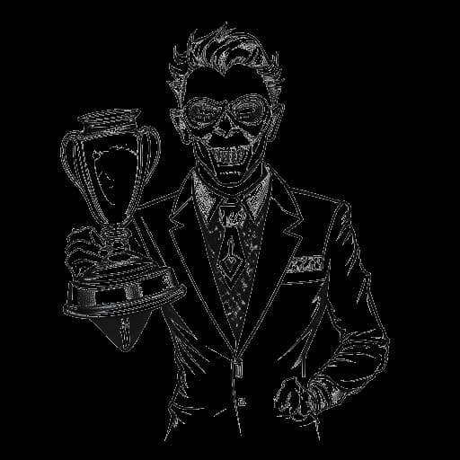 Strichzeichnung eines Mannes, der Tom Beck darstellt, der eine Maske trägt und einen Pokal hält, auf dem 'The Masked Singer Staffel 2' geschrieben steht.