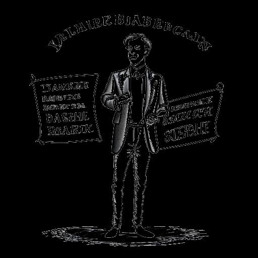 Strichzeichnung eines Mannes, der Tom Beck darstellt, der auf einer Bühne auftritt, mit einem Banner im Hintergrund, auf dem 'Bayerische Theaterakademie' steht.