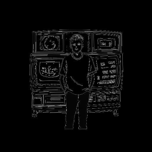 Strichzeichnung eines Mannes, der Tom Beck darstellt, der vor einem Fernseher steht, auf dem die Logos von 'Schlag den Star' und 'Grill den Henssler' zu sehen sind.