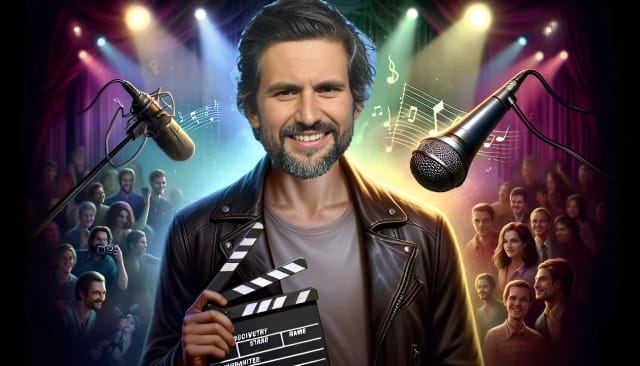 Tom Beck, casually dressed with a microphone, surrounded by abstract stage lights and musical notes, symbolizing his career in acting and music.