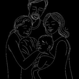 Strichzeichnung eines Mannes, der Markus Söder verkörpert, eingebettet in ein herzerwärmendes Familienporträt, das seine Hingabe gegenüber seiner Familie symbolisiert, vor einem weißen Hintergrund.