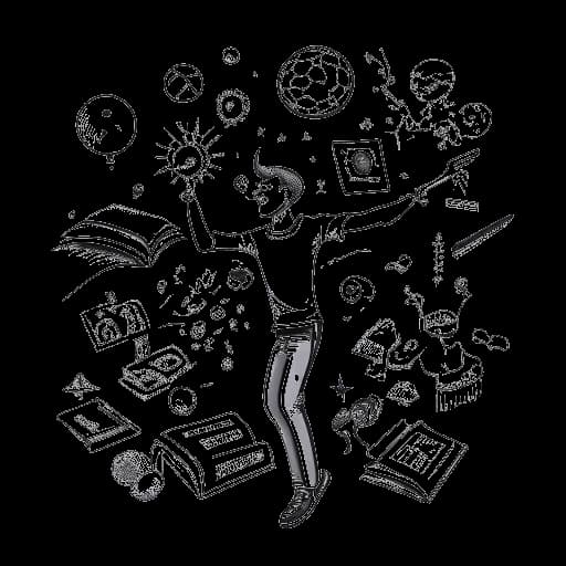 Künstlerische Darstellung eines Mannes, emblematisch für Markus Söder, der sich in eine Vielzahl von Interessen vertieft, darunter ein Science-Fiction-Roman, ein springender Fußball und eine bunte Karnevalsmaske, alles vor einem weißen Hintergrund.