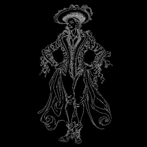 Strichzeichnung einer Person, die Markus Söder darstellt, die bei der 'Fastnacht in Franken'-Karnevalveranstaltung in einem extravaganten Kostüm gekleidet ist