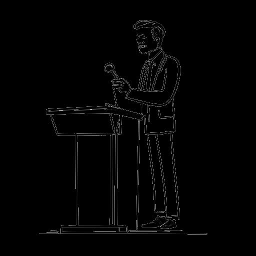 Strichzeichnung einer Person, die Markus Söder darstellt, die eine Rede am Rednerpult im Bayerischen Landtag hält
