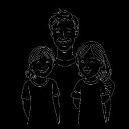 Strichzeichnung eines Mannes, der Flying Uwe repräsentiert, mit seiner Frau und seinen beiden Töchtern, was eine stabile und starke Familienstruktur symbolisiert.