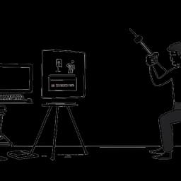 Strichzeichnung eines Mannes, der Flying Uwe repräsentiert, der martialische Elemente für seinen YouTube-Kanal aufnimmt, mit Symbolen eines Filmklappenbretts und einer Spielekonsole, die auf seine vielfältigen Interessen hinweisen.
