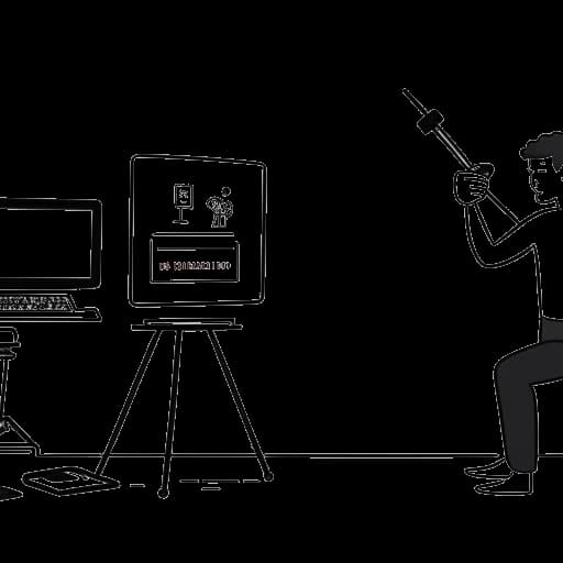 Strichzeichnung eines Mannes, der Flying Uwe repräsentiert, der martialische Elemente für seinen YouTube-Kanal aufnimmt, mit Symbolen eines Filmklappenbretts und einer Spielekonsole, die auf seine vielfältigen Interessen hinweisen.