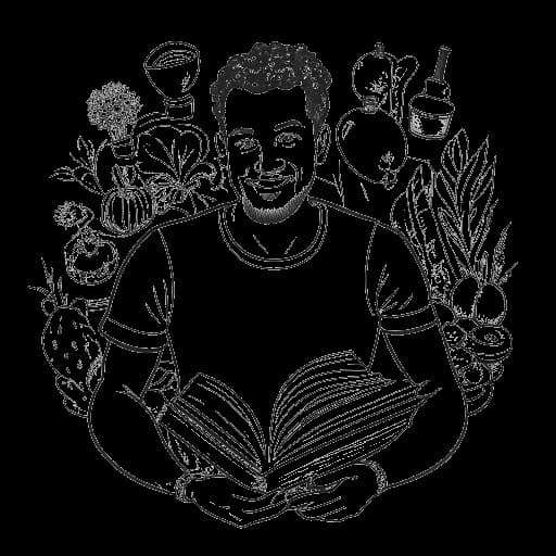 Strichzeichnung eines Mannes, der Flying Uwe darstellt, der ein Kochbuch hält, umgeben von gesundem Essen und anderen YouTubern.