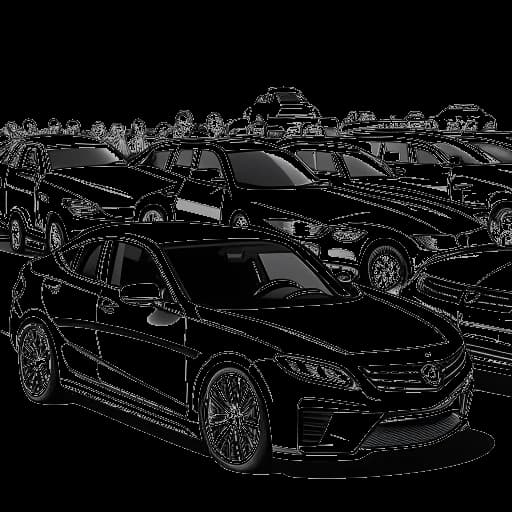 Strichzeichnung eines Mannes, der Flying Uwe darstellt, der vor einer Sammlung von Autos steht, darunter ein C63, ein GLC 316 und ein individuell gestalteter Chevrolet Camaro SS.
