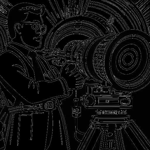 Strichzeichnung eines Mannes, der Flying Uwe darstellt, der vor einer Filmkamera agiert, mit Filmrollen und Superheldenlogos im Hintergrund.