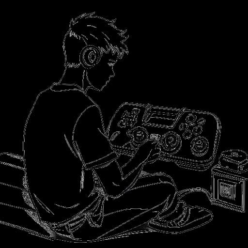 Strichzeichnung eines Mannes, der Flying Uwe beim Spielen von Videospielen darstellt, mit einer Mischung aus Ego-Shootern und Nintendo-Konsolenspielen sichtbar.