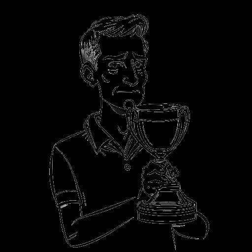 Strichzeichnung eines Mannes, der Flying Uwe darstellt, der einen Pokal hält, mit einem enttäuschten Ausdruck nach dem Verlust.