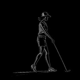 Dessin en traits d'une femme représentant Grace Charis, en train de swinguer un club de golf sur un parcours de golf bien entretenu, avec des palmiers en arrière-plan, sur un fond blanc.