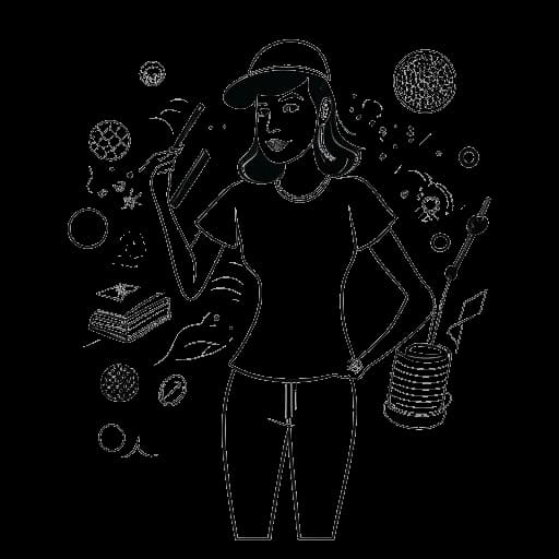 Line art drawing of a woman holding a golf club, representing Grace Charis, with social media icons around her