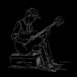 Une illustration en noir et blanc d'un musicien représentant Justin Bieber, faisant du busking devant un théâtre, symbolisant ses débuts musicaux.