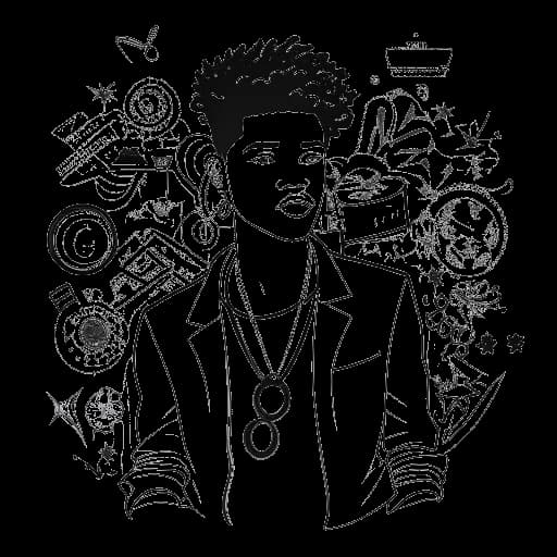 Lijntekening van een man, die Justin Bieber voorstelt, met stijlvol haar en trendy kleding. Hij wordt omringd door muzieknoten, dollartekens, en symbolen die ondernemerschap uitbeelden, allemaal tegen een witte achtergrond.
