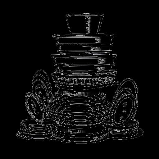 Lijntekening van een stapel platen en verschillende trofeeën, die Justin Biebers platenverkoop en prijzen vertegenwoordigen.