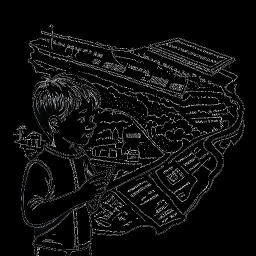 Lijntekening van een kaart die Justin Biebers geboorteplaats in Londen, Ontario, en zijn opvoeding in Stratford vertegenwoordigt, met een jongen die afgebeeld is die zingt.