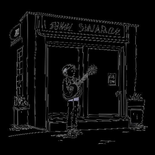 Lijntekening van een jongen, die Justin Bieber vertegenwoordigt, die buiten het Avon Theatre op straat muziek maakt.