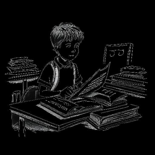 Lijntekening van een jongen, die Justin Bieber vertegenwoordigt, in een klaslokaal met Franse schoolboeken.