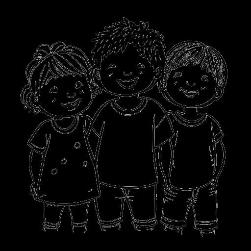 Lijntekening van vier kinderen, die Justin Bieber en zijn drie jongere halfbroertjes en halfzusje vertegenwoordigen: Jazmyn, Jaxon en Bay.