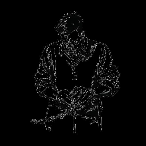 Lijntekening van een man in handboeien en een beschadigd object, die Justin Biebers eerdere juridische problemen vertegenwoordigen.