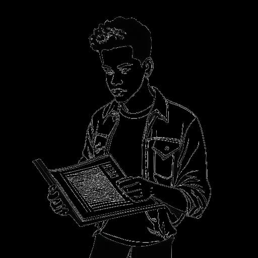 Lijntekening van een jonge man, die Justin Bieber vertegenwoordigt, die de albumhoes van 'My World 2.0' vasthoudt.