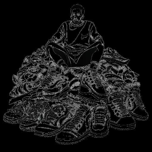 Lijntekening van een man, die Justin Bieber vertegenwoordigt, omringd door een grote stapel sneakers.