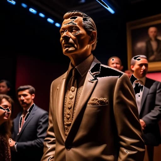 A lifelike image of a man enshrined in a wax statue, intricately designed to reflect his features, showcased in a revered museum environment, with visitors admiring the realistic craftsmanship, symbolizing his lasting popularity and influence.