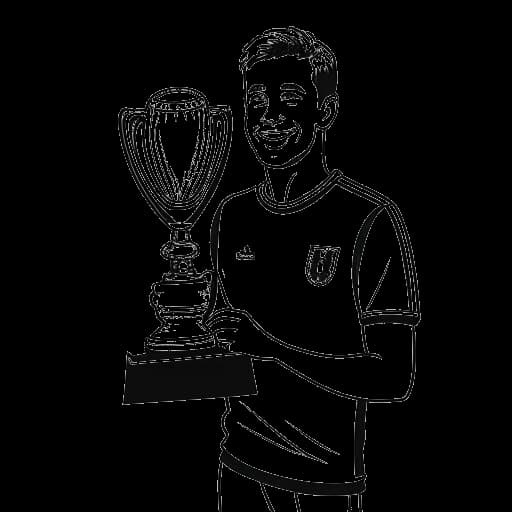 Dessin au trait d'un homme, représentant Jürgen Klinsmann, tenant le trophée du Championnat d'Europe de l'UEFA, portant un maillot de l'Allemagne, avec l'année 1996 en arrière-plan.