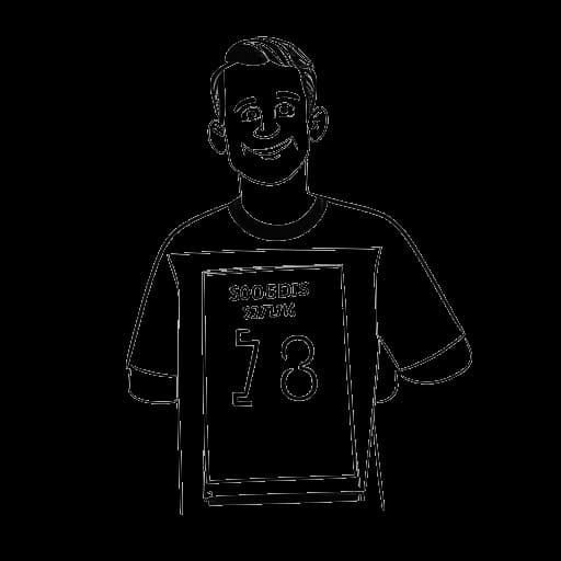 Dessin au trait d'un homme, représentant Jürgen Klinsmann, tenant un tableau d'entraînement de soccer, portant un maillot de l'Allemagne, avec l'année 2006 et '3e place' en arrière-plan.