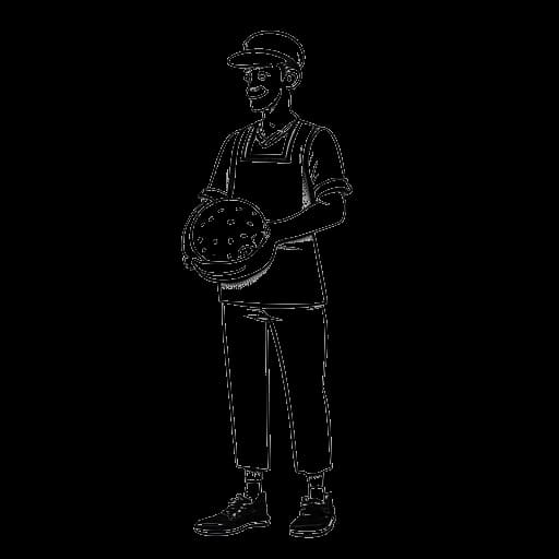 Dessin au trait d'un homme, représentant Jürgen Klinsmann, portant un bonnet de boulanger et un tablier, tenant un ballon de soccer sur fond blanc.