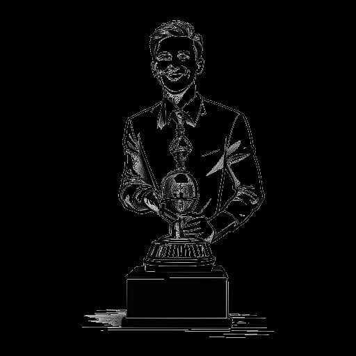 Dessin au trait d'un jeune homme, représentant Jürgen Klinsmann, recevant le prix de 'Footballeur allemand de l'année', avec un public applaudissant en arrière-plan.
