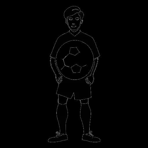 Dessin au trait d'un homme, représentant Jürgen Klinsmann, tenant un ballon de soccer, avec le numéro 47 affiché au-dessus (buts) et le numéro 108 en dessous (matchs) pour l'Allemagne de l'Ouest et l'Allemagne réunies.
