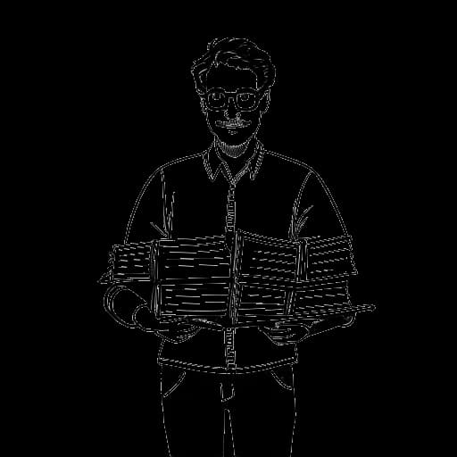 Dessin au trait d'un homme, représentant Jürgen Klinsmann, tenant quatre livres, chacun étiqueté avec l'une des langues : allemand, anglais, italien et français.