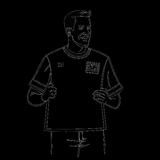 Dessin au trait d'un homme, représentant Jürgen Klinsmann, tenant un tableau d'entraînement de soccer, portant un maillot des États-Unis, avec un drapeau des États-Unis en arrière-plan.